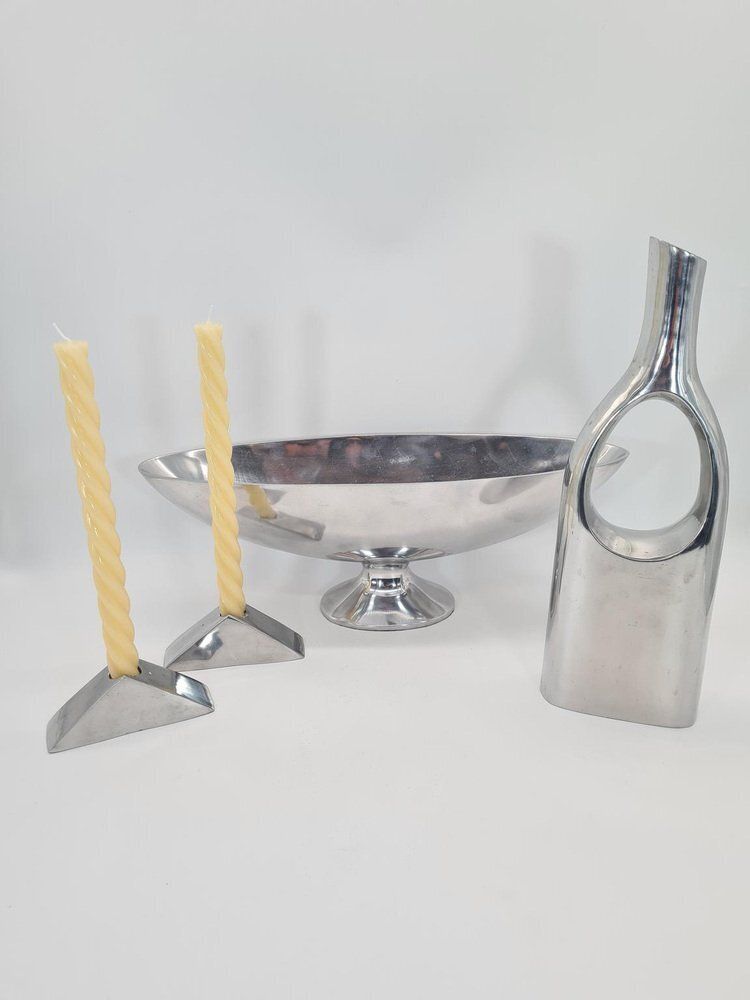 Polished Aluminum Platter, Candlesticks And Vase, 1990s, Set Of 4 photo furniture