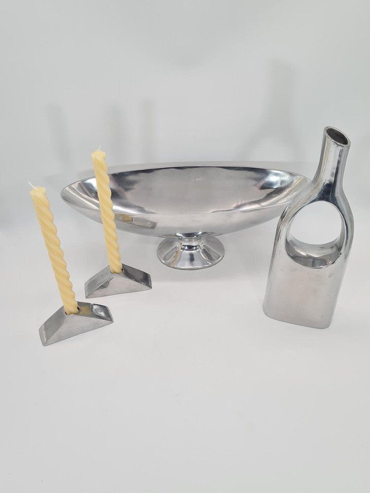 Polished Aluminum Platter, Candlesticks And Vase, 1990s, Set Of 4 photo for sale