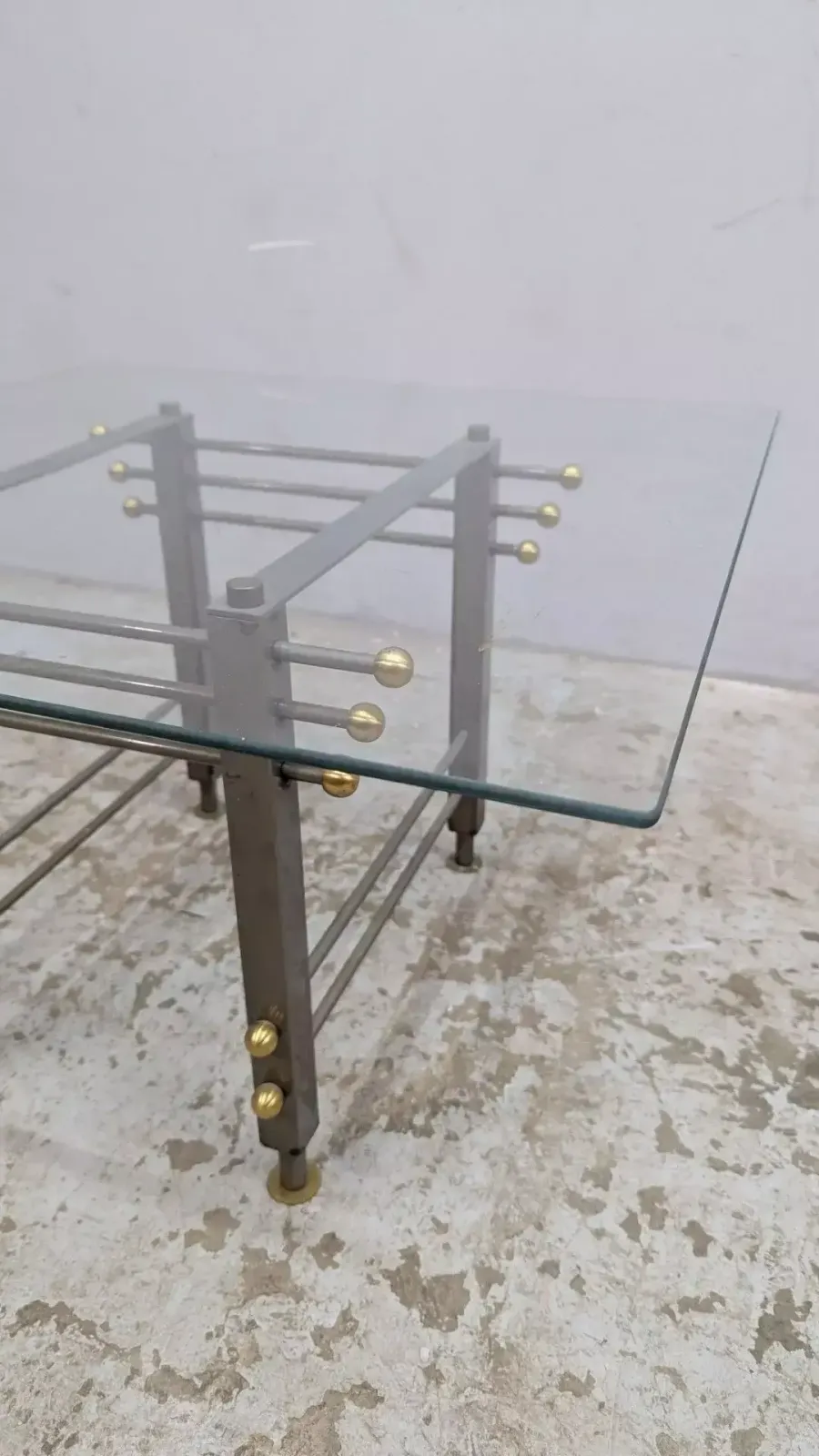 photo vinterior Desk And Chair Set In Patinated Metal And Brass, Glass Top, Attributed To The Italian Neo Rationalist Style, Circa 1980