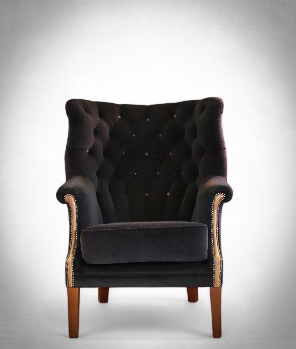 Tetrad Mackenzie Wingback Club Armchair Oscar Charcoal Velvet Saddle Tan Leather