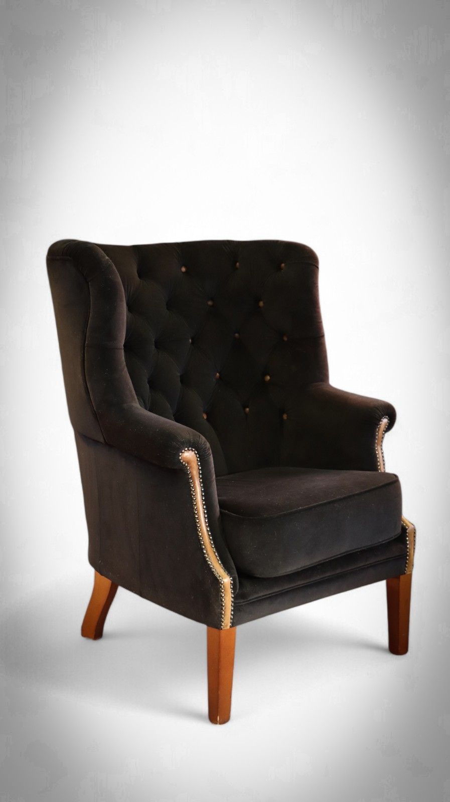 Tetrad Mackenzie Wingback Club Armchair Oscar Charcoal Velvet Saddle Tan Leather photo furniture