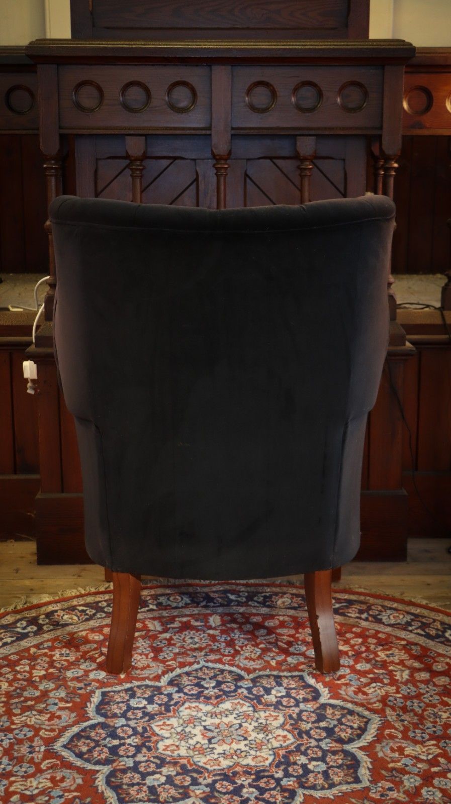 photo vintage Tetrad Mackenzie Wingback Club Armchair Oscar Charcoal Velvet Saddle Tan Leather
