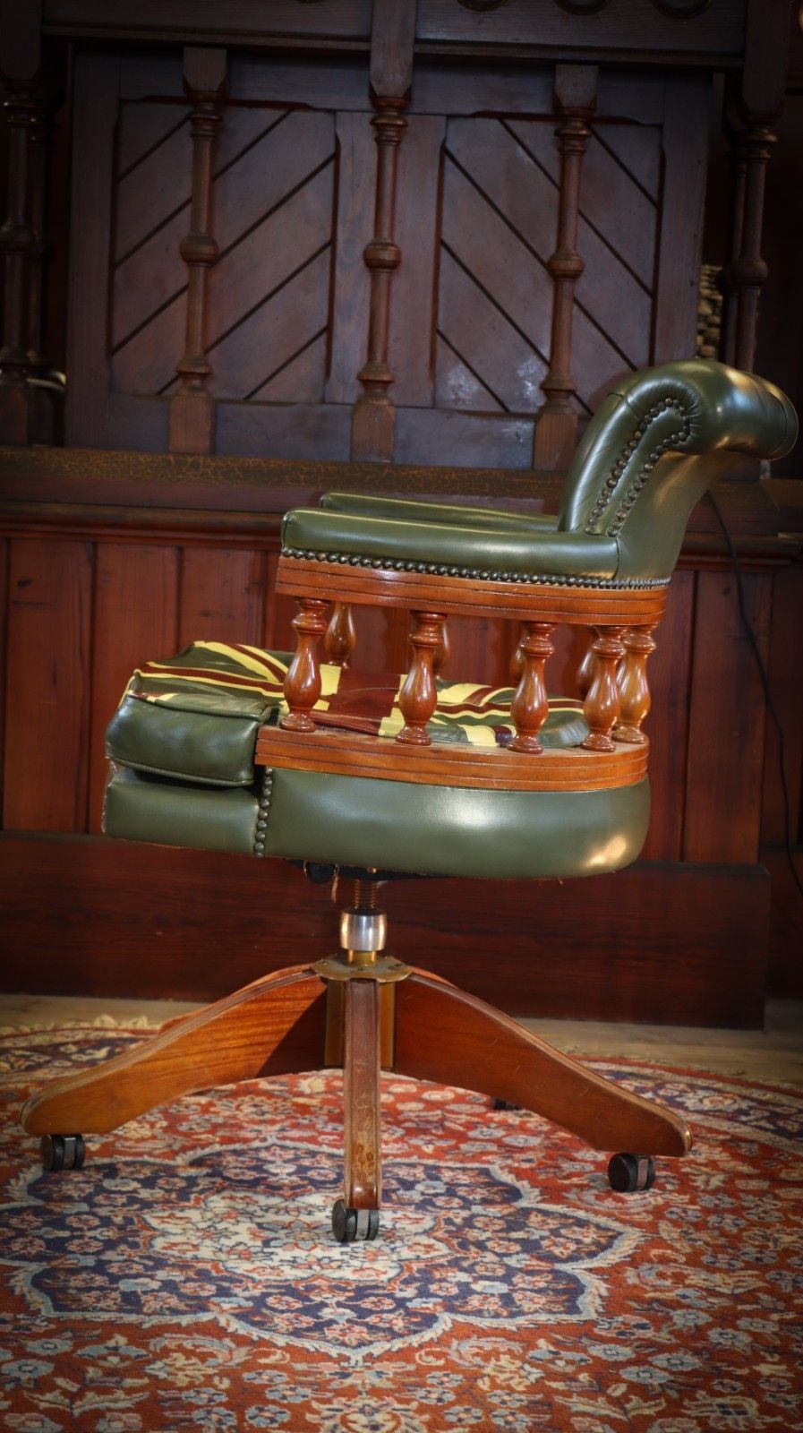 Furniture Stunning Rare Captains Swivel Leather Armchair Union Jack Possibly George Smith photo