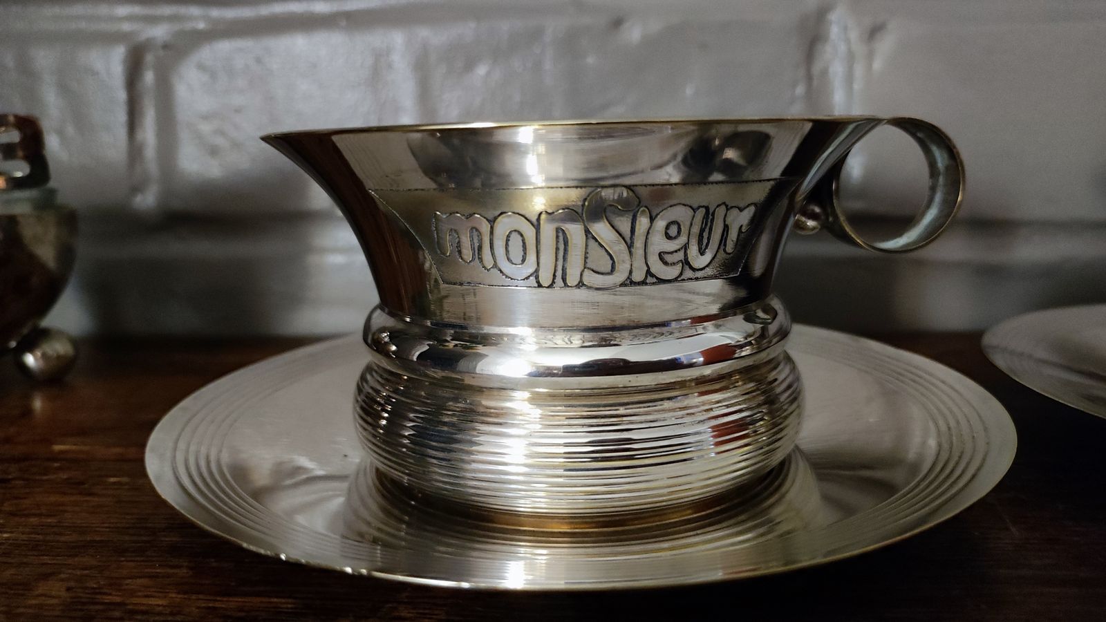 Home Decor Antique French Silver Plated Madame & Monsieur Tea Cup Set photo