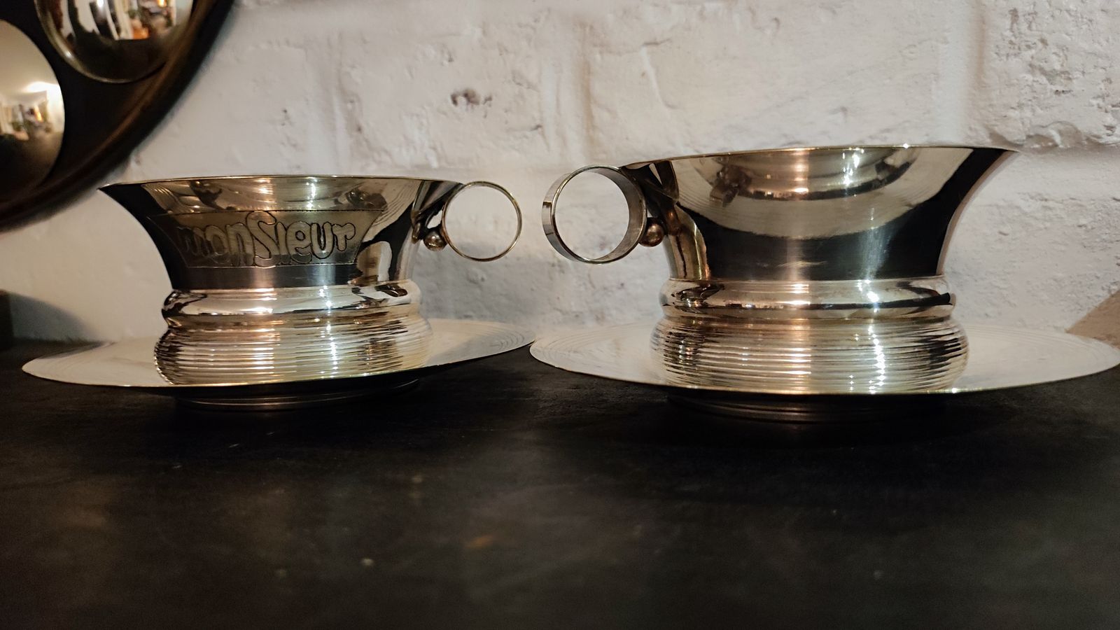 photo vintage Antique French Silver Plated Madame & Monsieur Tea Cup Set