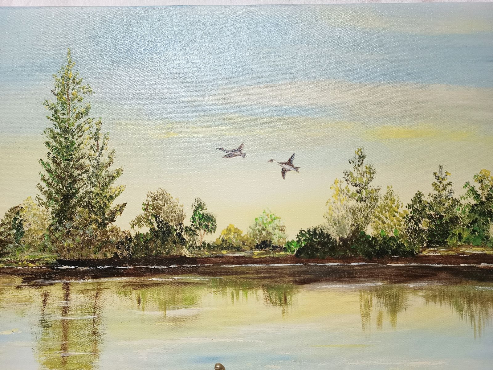 Oil Painting On Stretched Canvas Ducks In Flight Over The Lake Artist Signed. photo furniture