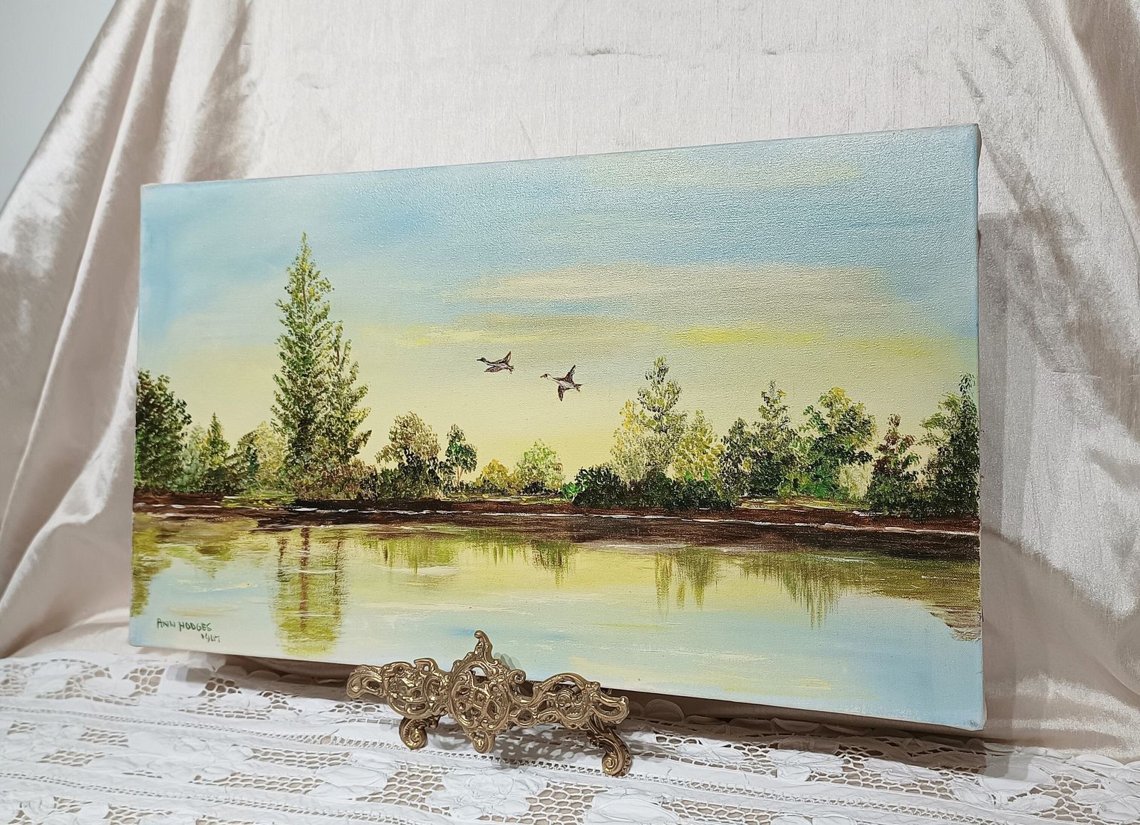 Oil Painting On Stretched Canvas Ducks In Flight Over The Lake Artist Signed. photo 120.0