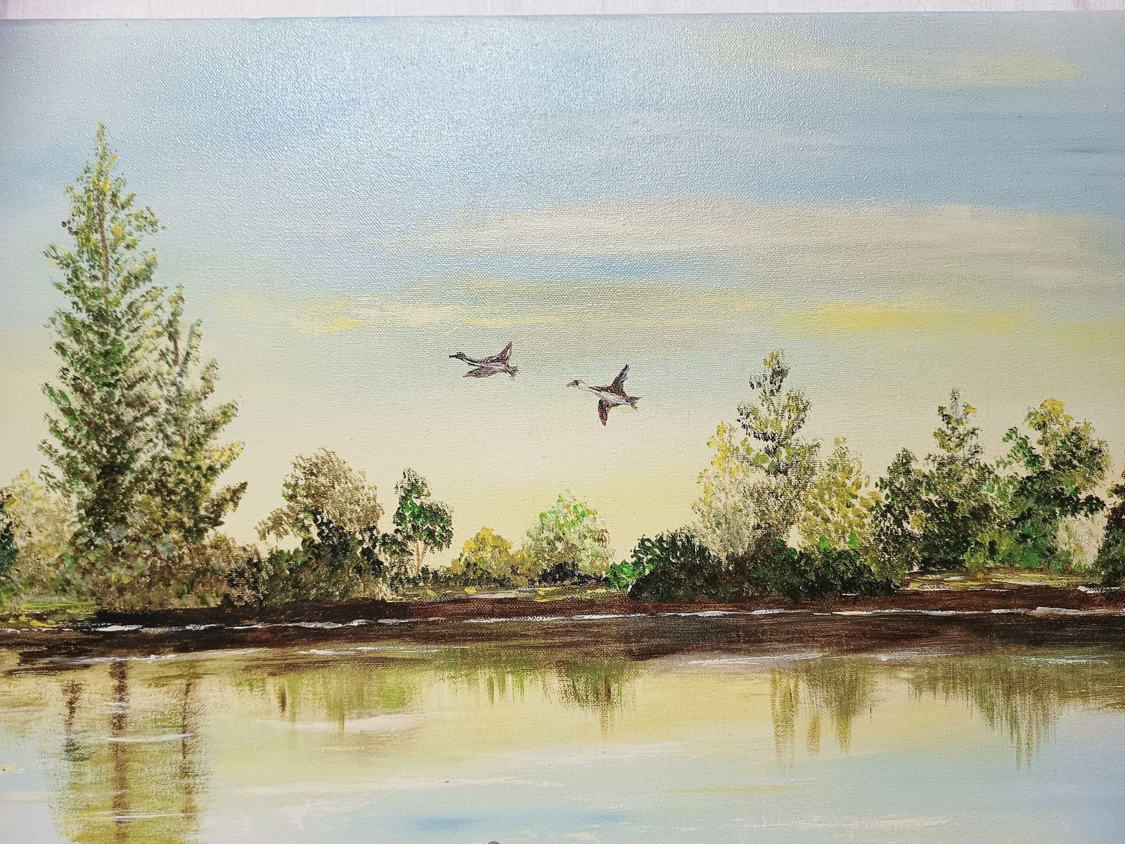 photo furniture Oil Painting On Stretched Canvas Ducks In Flight Over The Lake Artist Signed.
