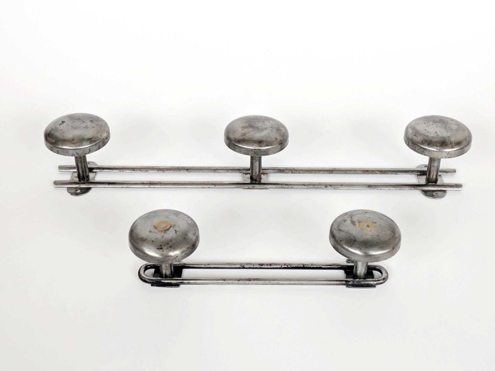 Pair Of French Steel Coat Racks 1950s Industrial Wall Hooks With Round Heads photo vinterior