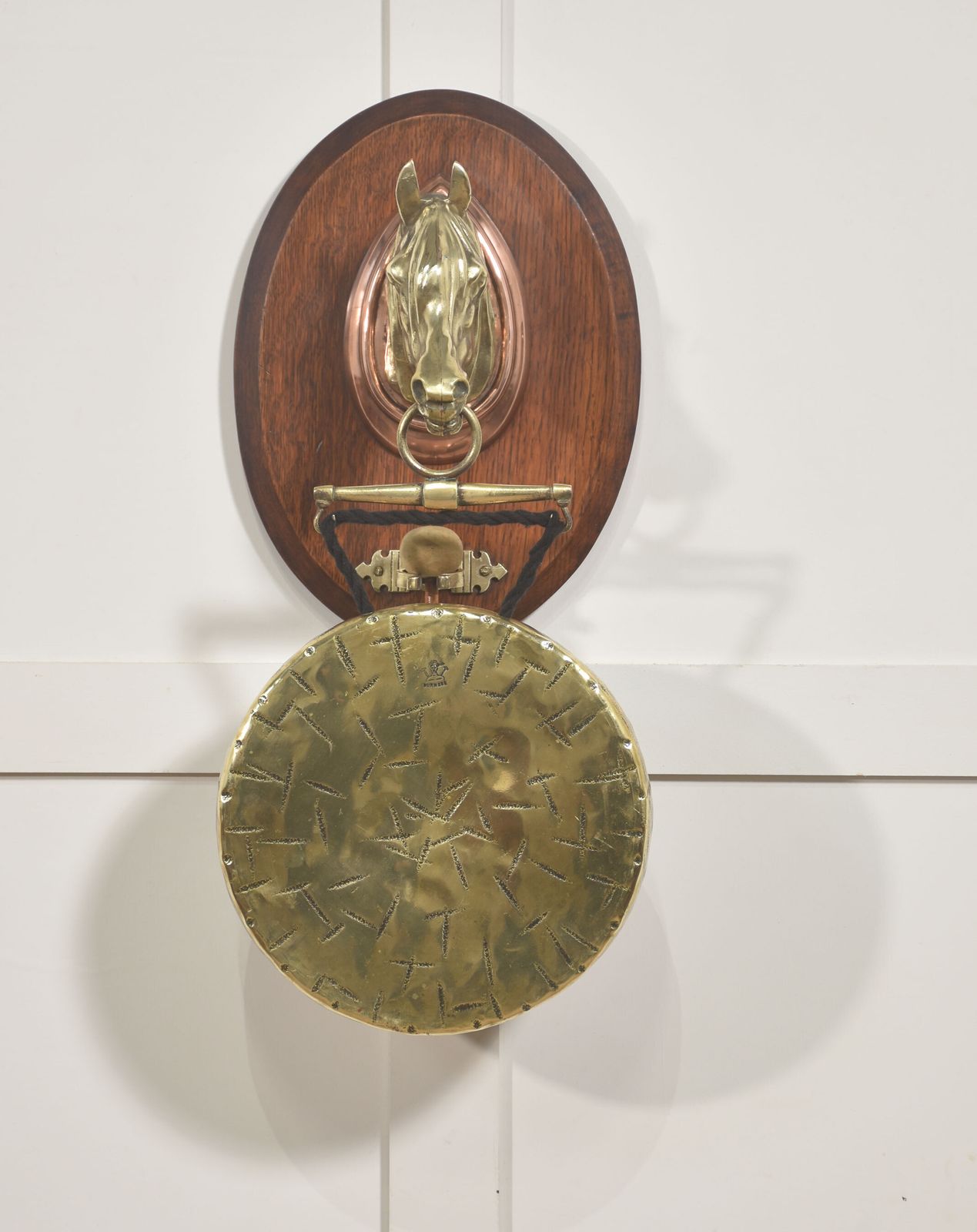 Wall Hanging Oak Dinner Gong With Brass Horse Head Mount