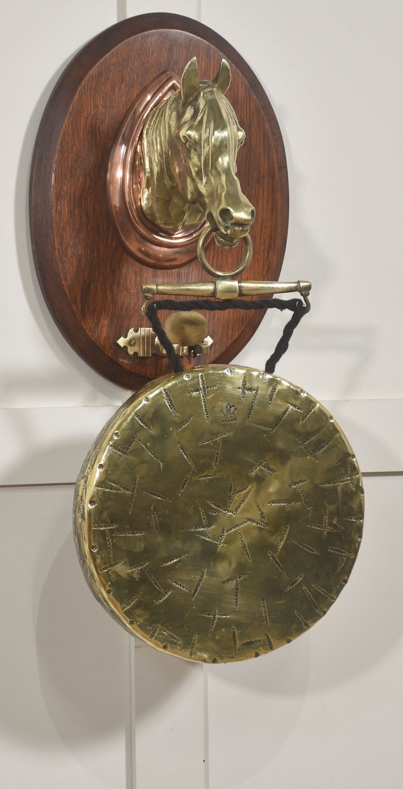 Wall Hanging Oak Dinner Gong With Brass Horse Head Mount photo furniture