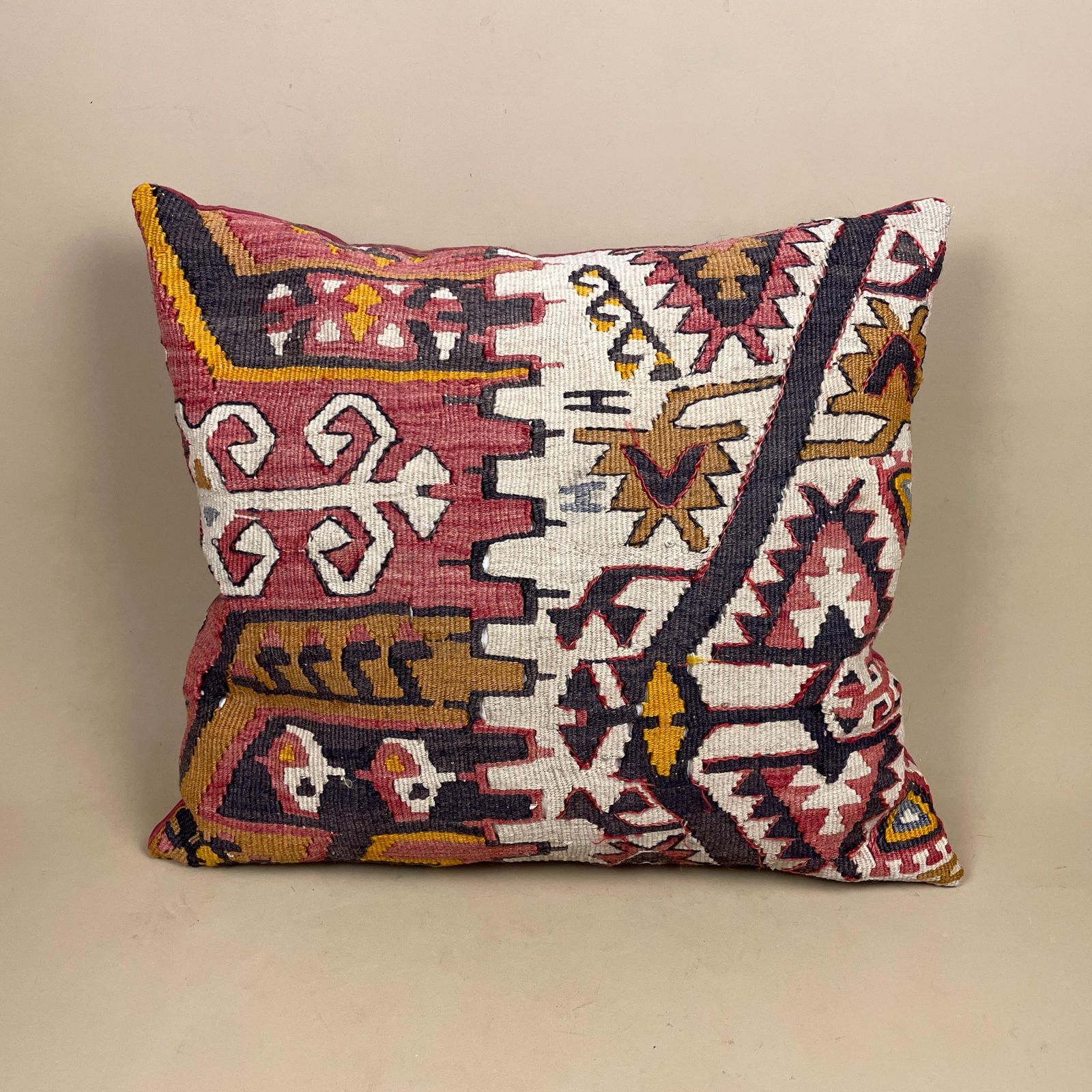 Kilim Cushion Wool Scatter Pillow Feather Filled Handwoven Patterned Muted Red Antique Rug 43x39cm Traditional Rectangle Vintage Pattern