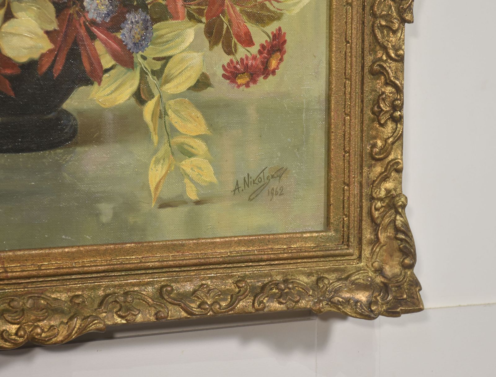 Oil On Canvas Still Life With Autumn Flowers A. Nikolokov photo furniture