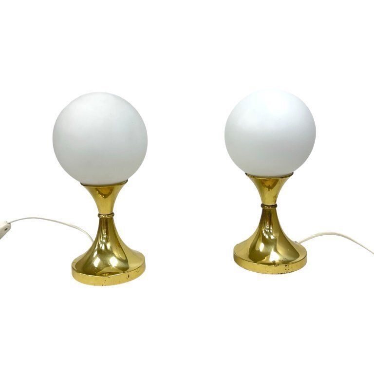 photo for sale Pair Of Globe Table Lamps, Aka Leuchten, Germany, 1970s, Brass And Glass