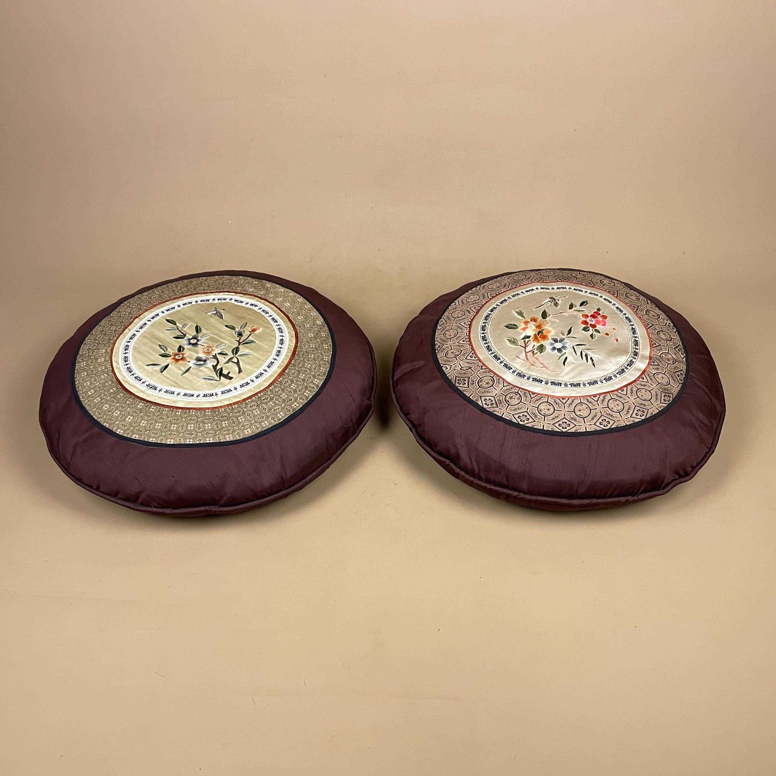 Pair Of Antique Oriental Cushion Circle Silk Scatter Pillow Feather Filled Patterned 35cm Traditional Circular Vintage Floral Embroidered photo 95.0