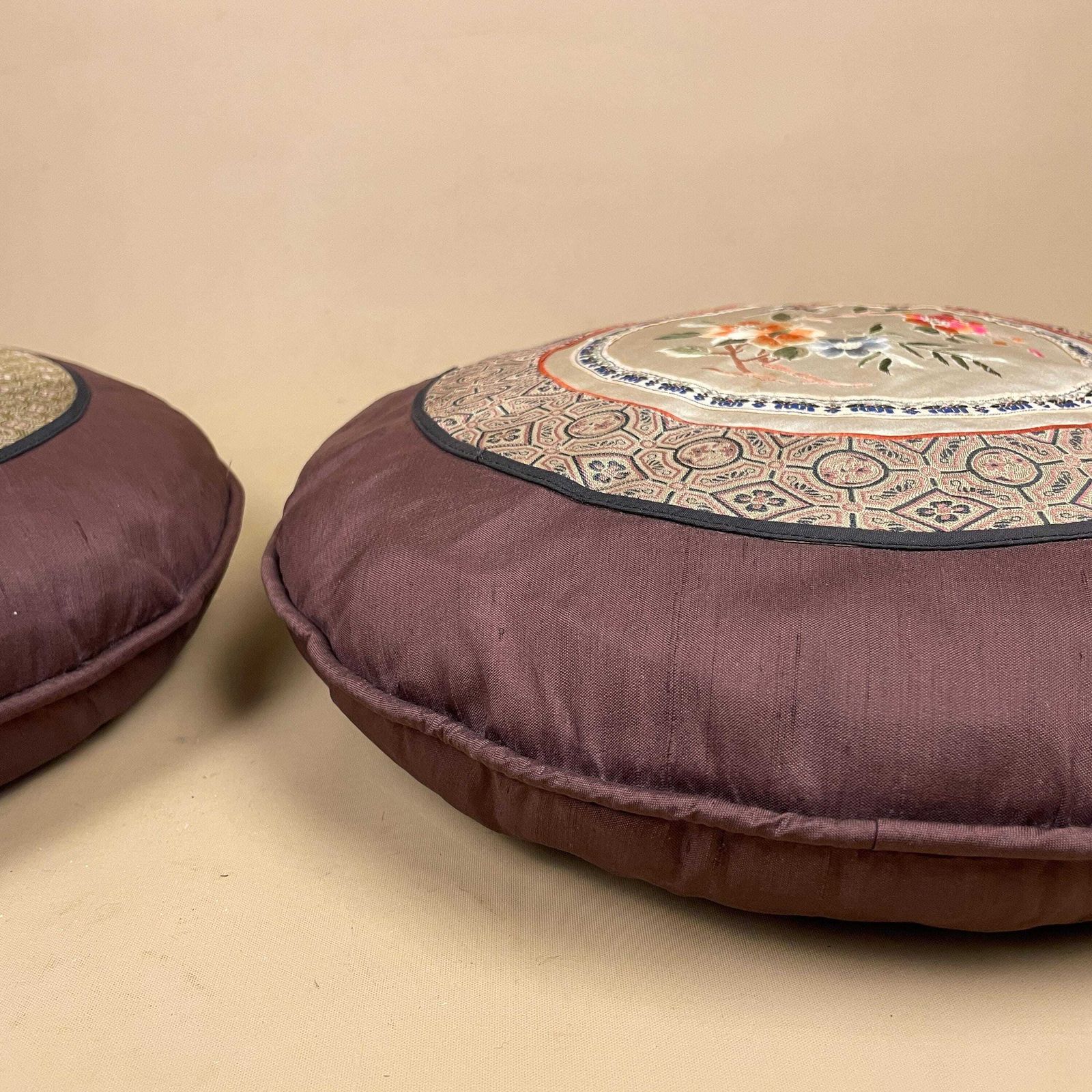 Textiles Pair Of Antique Oriental Cushion Circle Silk Scatter Pillow Feather Filled Patterned 35cm Traditional Circular Vintage Floral Embroidered photo