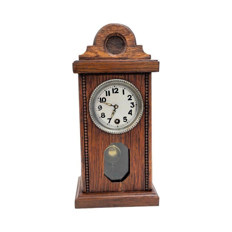 Miniature Mantel Clock   Oak Wood, Pendulum Mechanism, Germany, 1920s