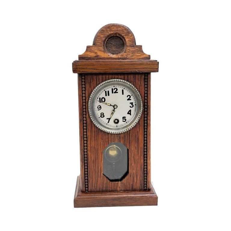 photo vinterior Miniature Mantel Clock   Oak Wood, Pendulum Mechanism, Germany, 1920s