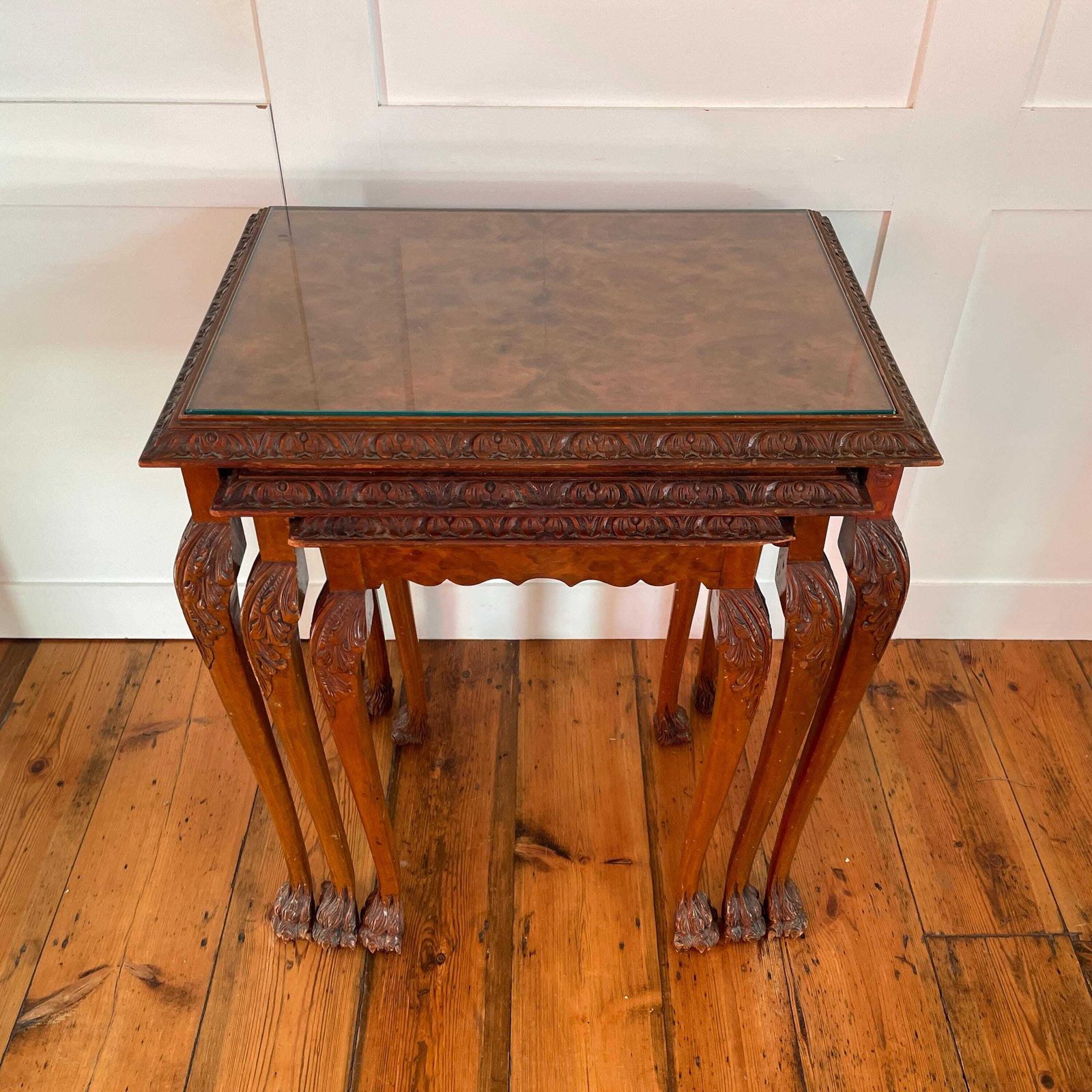 Antique Wooden Tables Nesting 3 Wood Ornate Carved Nest Burr Walnut Art Deco Glass Claw Feet Table End Side Serpentine Vintage Collection photo 435.0