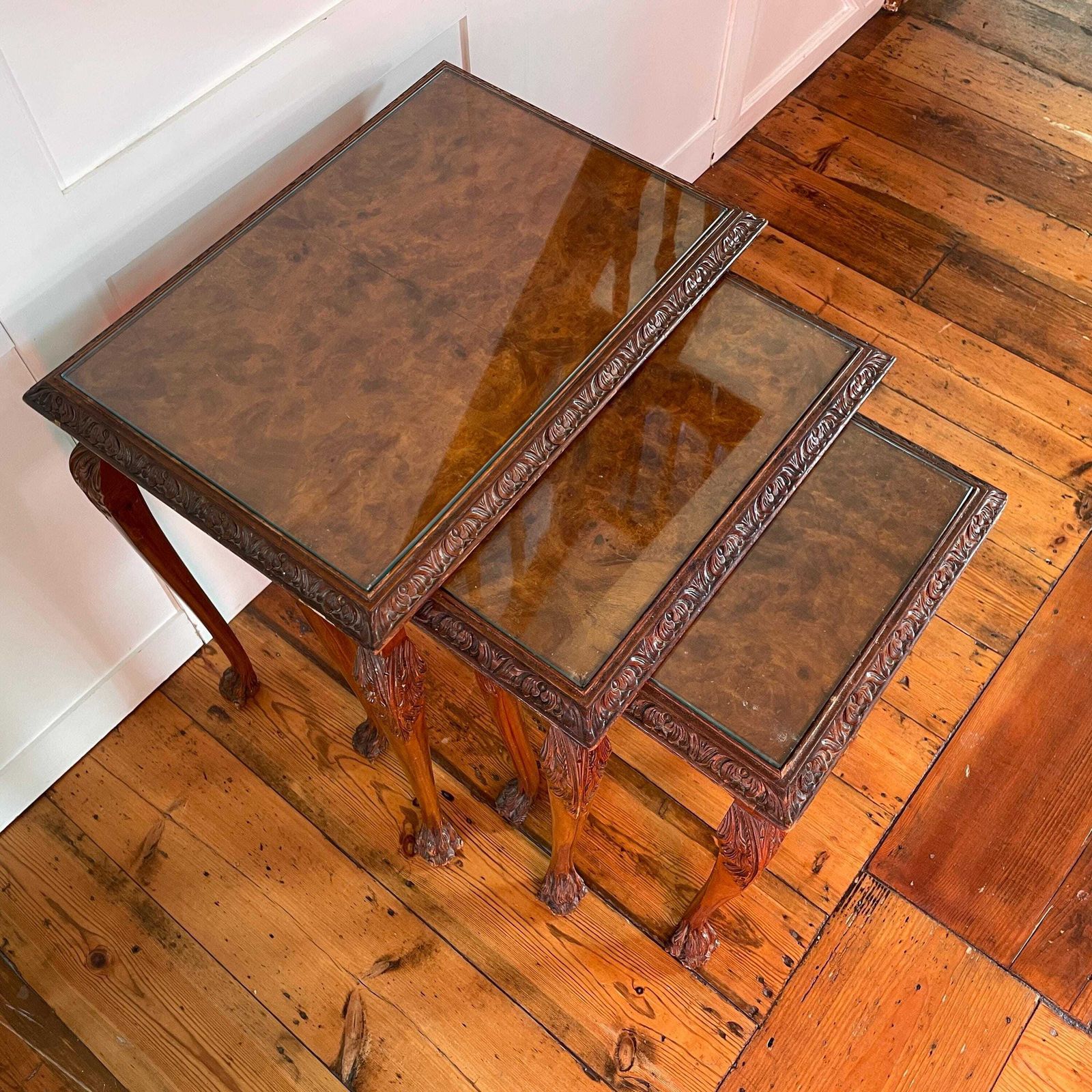 435.0 Antique Wooden Tables Nesting 3 Wood Ornate Carved Nest Burr Walnut Art Deco Glass Claw Feet Table End Side Serpentine Vintage Collection photo