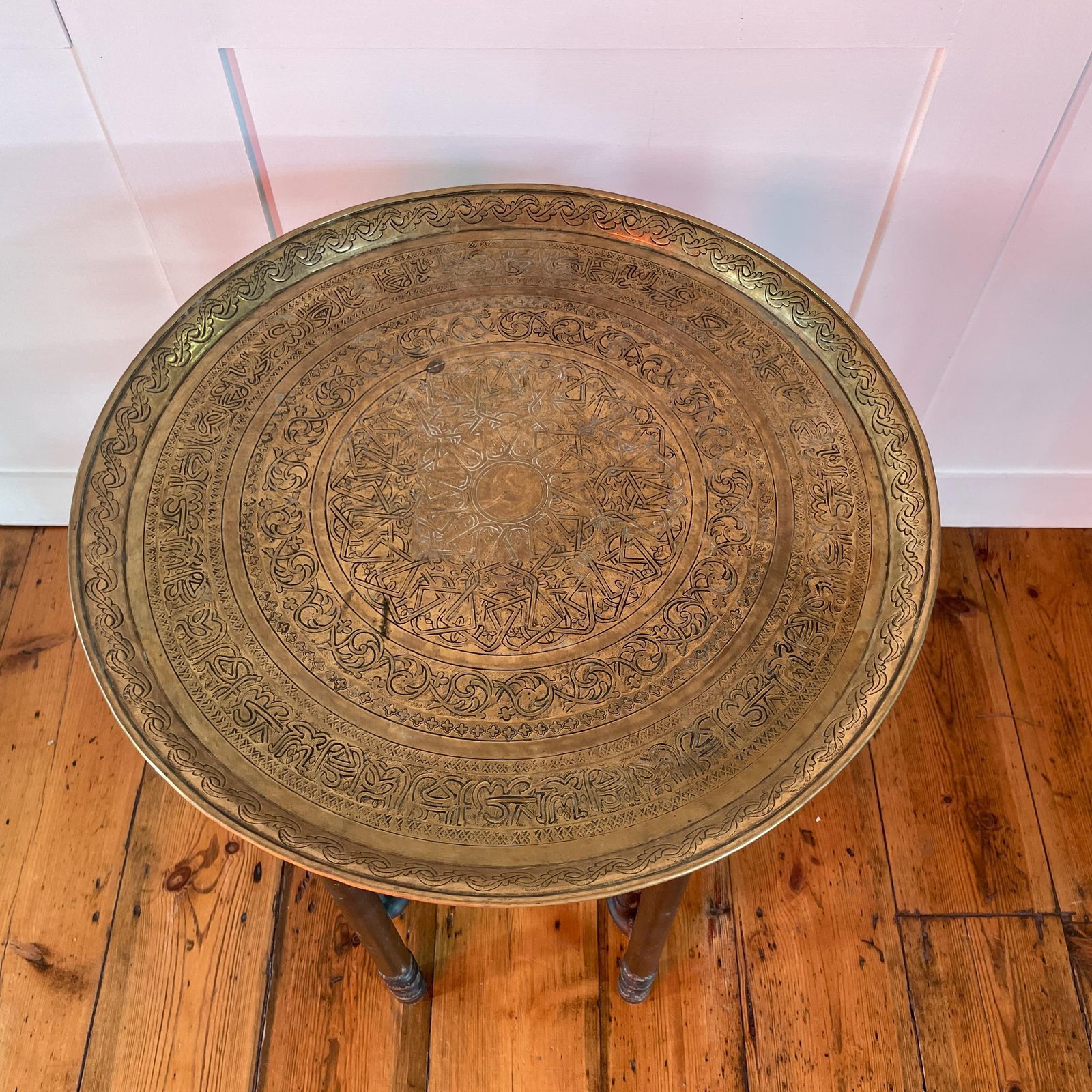Antique Metal Gold Brass Indian Table Fold Away Patterned Tray Asian Handmade Intricate Decorative Patterned Round Coffee Side Wood Vintage photo vinterior