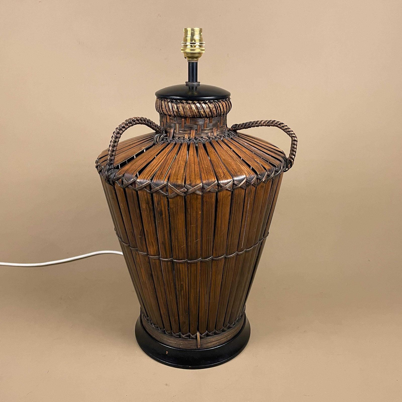 Antique Oriental Bamboo Wood Lamp Hand Painted Wooden Light Vintage Basket Bedside Side Table Pattern Handmade Traditional Asian photo furniture
