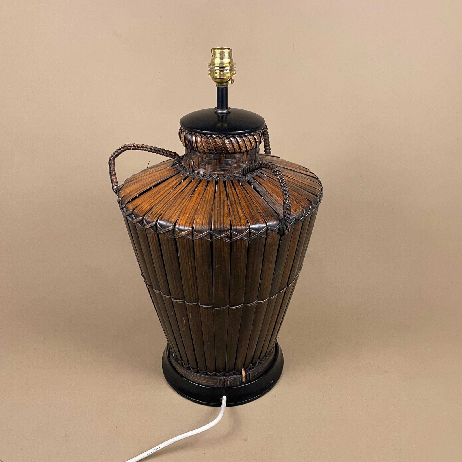 Lighting Antique Oriental Bamboo Wood Lamp Hand Painted Wooden Light Vintage Basket Bedside Side Table Pattern Handmade Traditional Asian photo