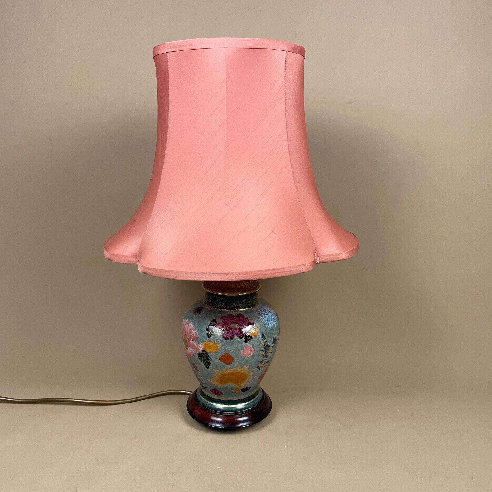 Antique Oriental Ceramic Lamp Light Bedside Table Shade Silk Lampshade Chinese Decor Porcelain Ginger Jar Vase Hand Painted Floral Wood