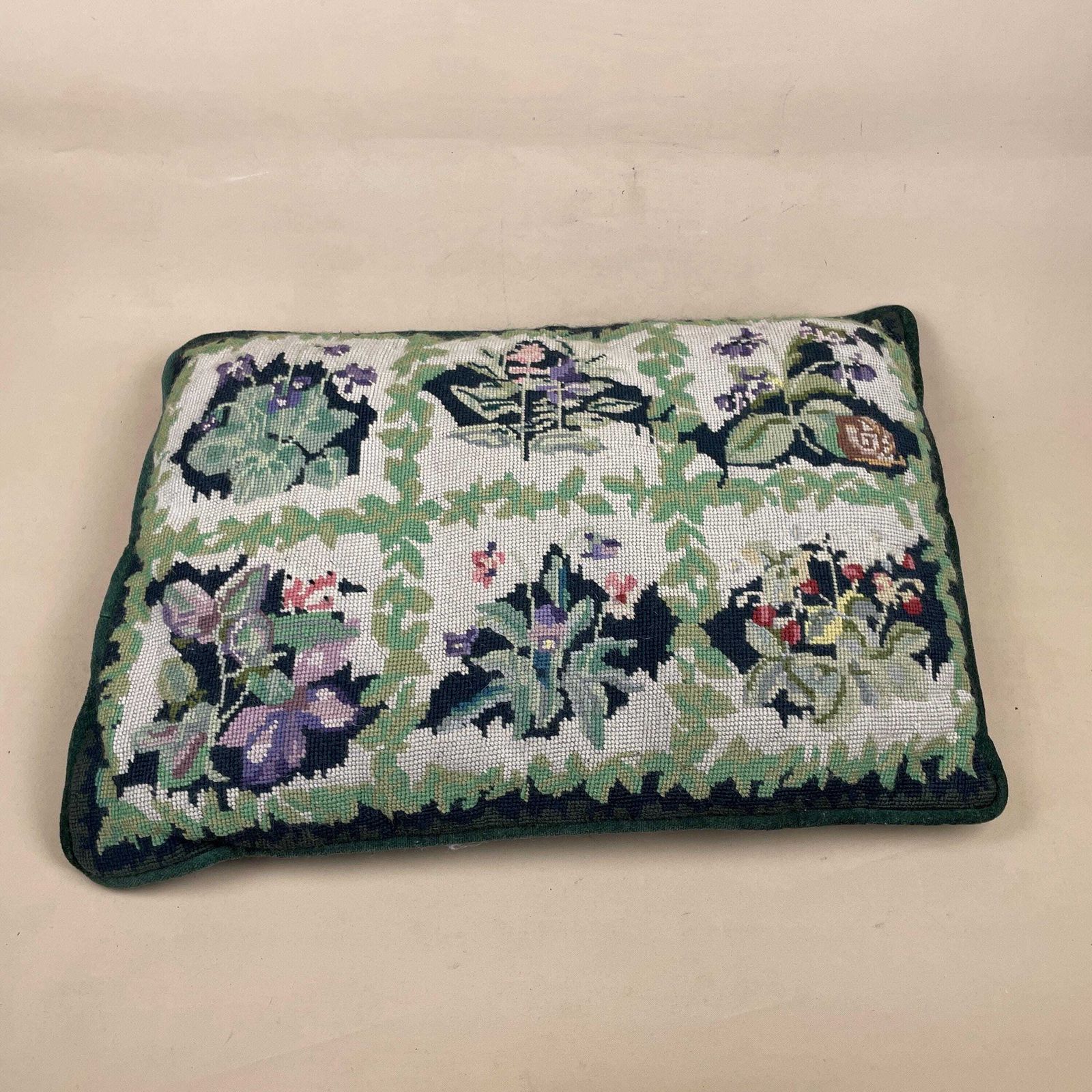Vintage Floral Embroidered Cushions Set Of Two Velvet Trim Green Pink Beige Decorative Tapestry Needlepoint Cottage Home Decor photo vinterior
