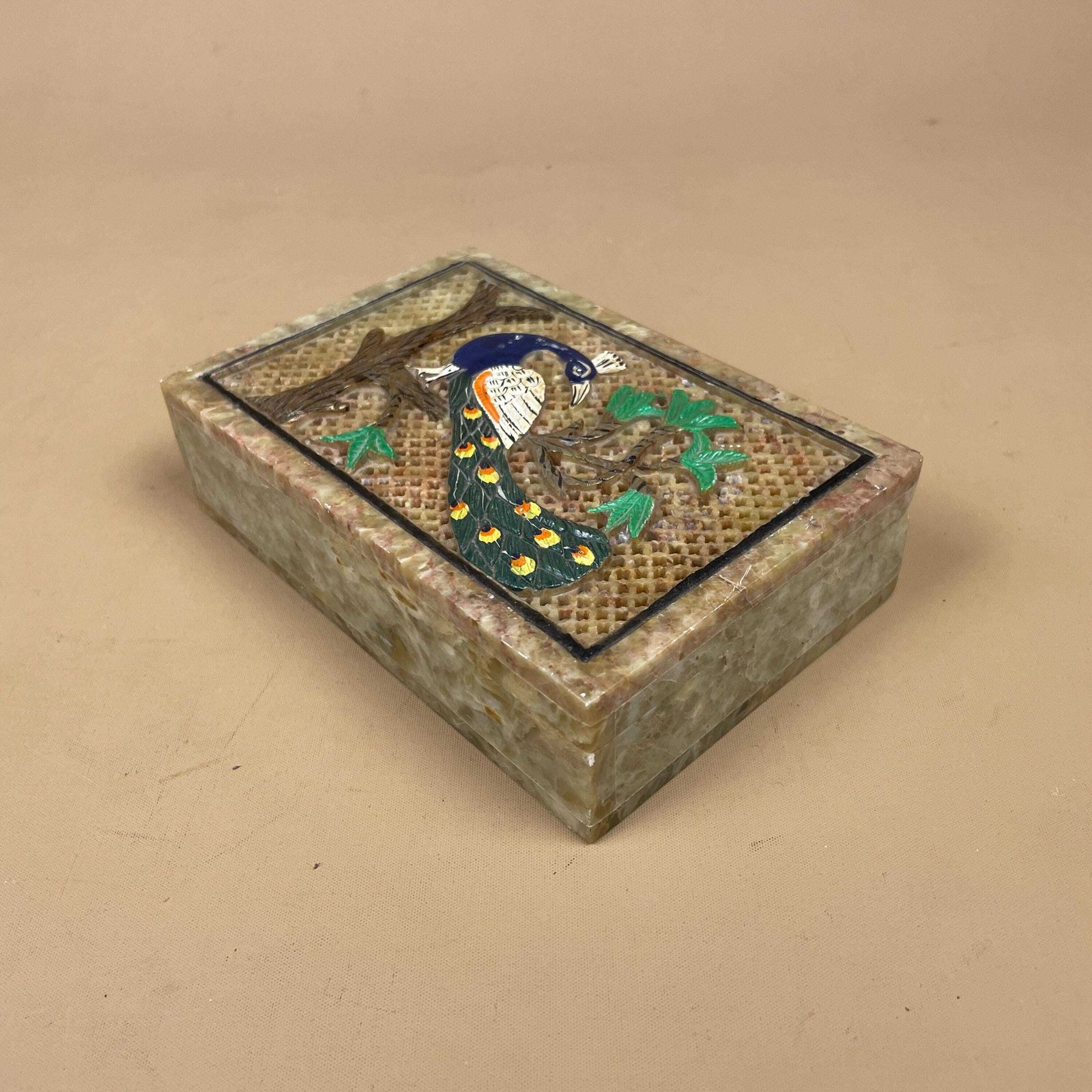 Marble Peacock Trinket Box Hand Painted Indian Onyx Stone Decorative Jewellery Keepsake Box Vintage Oriental Decor Hinged Lid photo buy