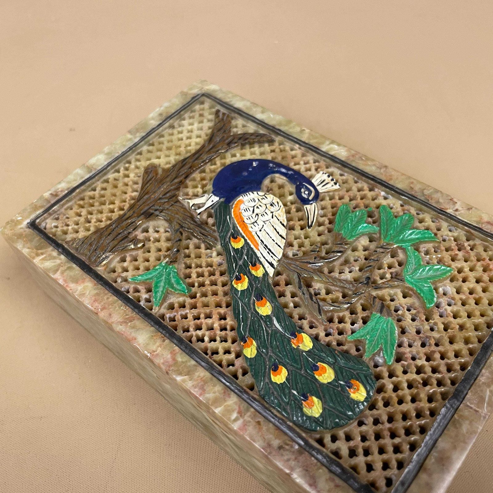 Marble Peacock Trinket Box Hand Painted Indian Onyx Stone Decorative Jewellery Keepsake Box Vintage Oriental Decor Hinged Lid photo vintage