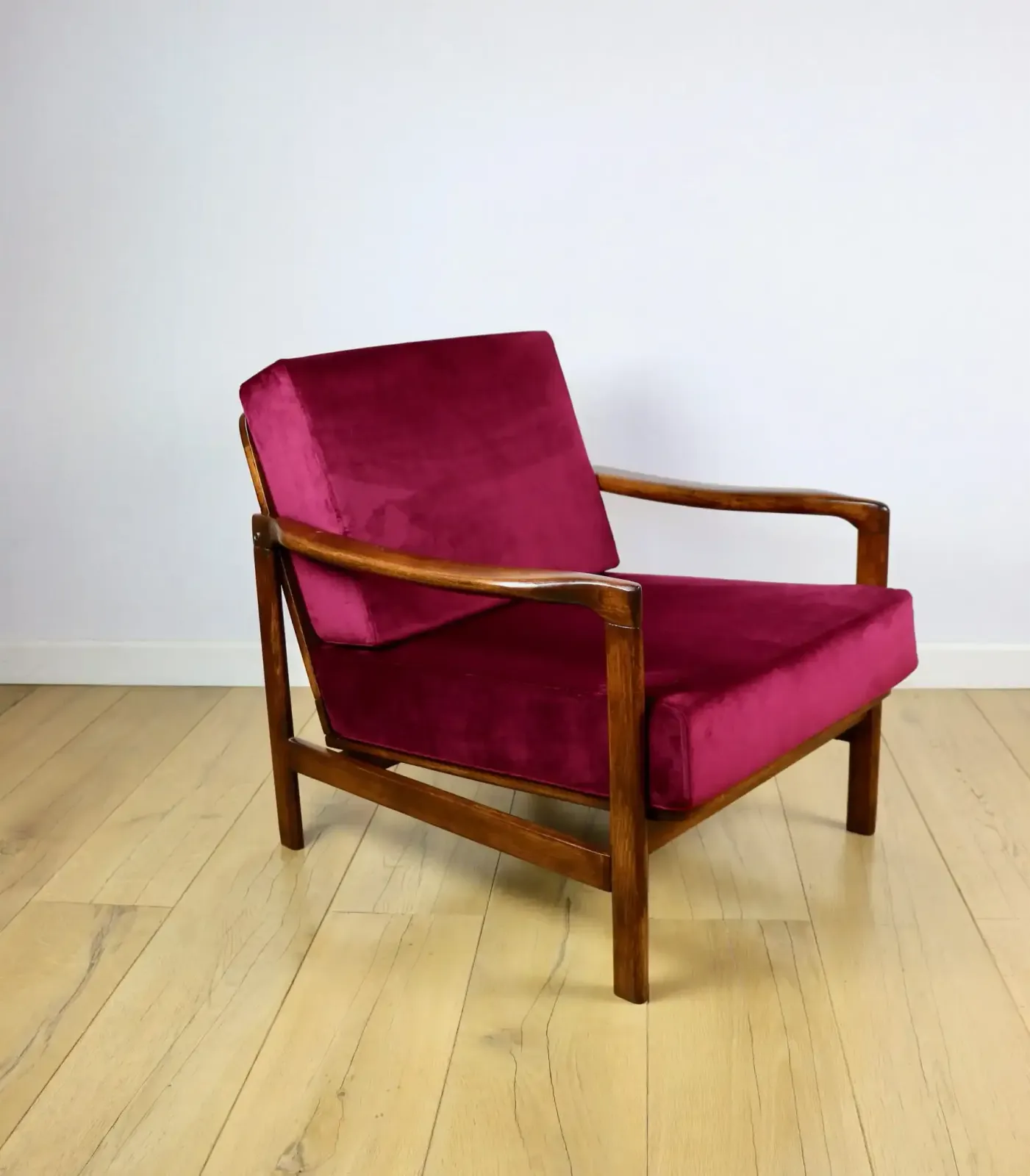 Vintage Burgundy Raspberry Brown Wooden Armchair Designed By Z. Bączyk   2 Pieces Available