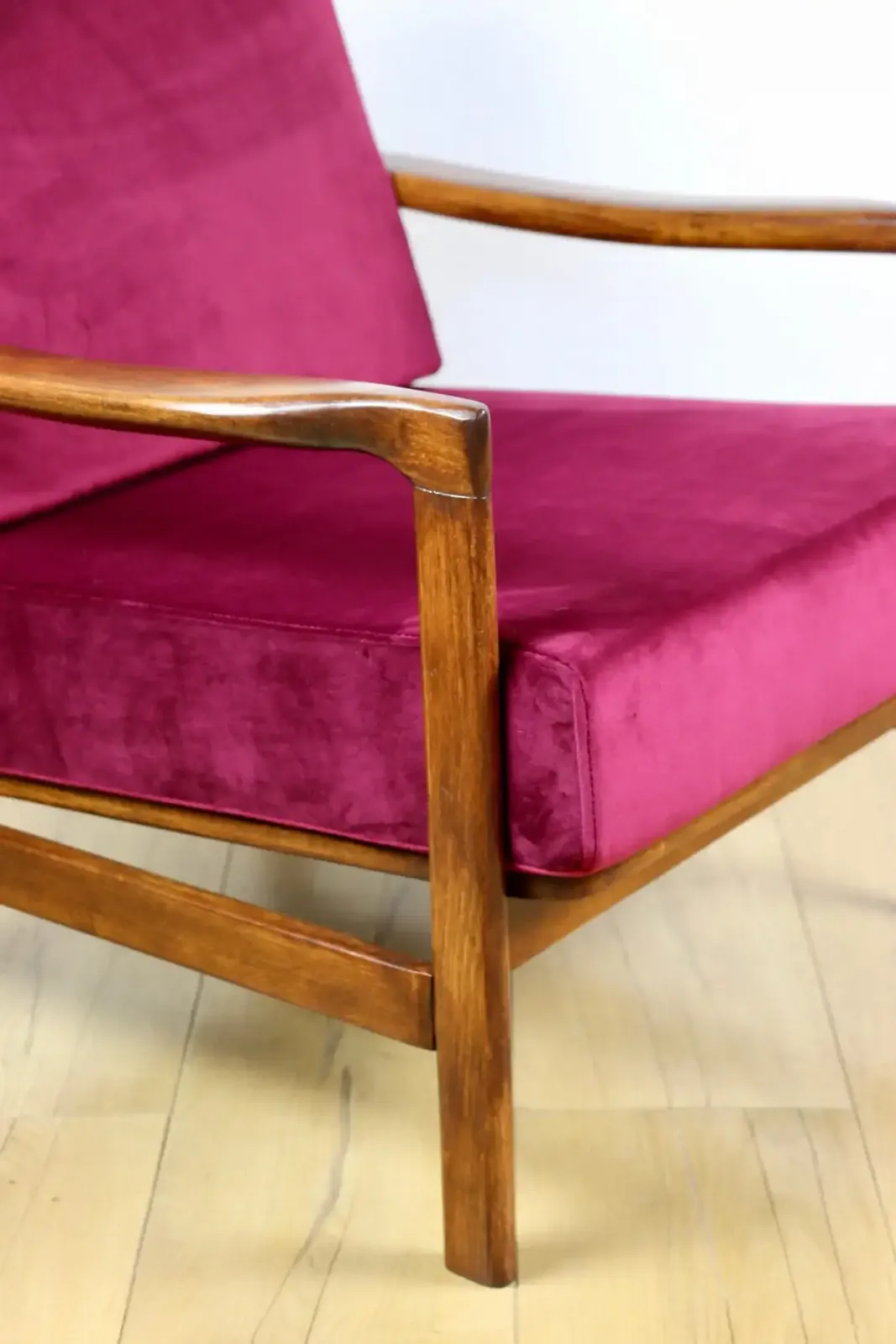 Vintage Burgundy Raspberry Brown Wooden Armchair Designed By Z. Bączyk   2 Pieces Available photo furniture