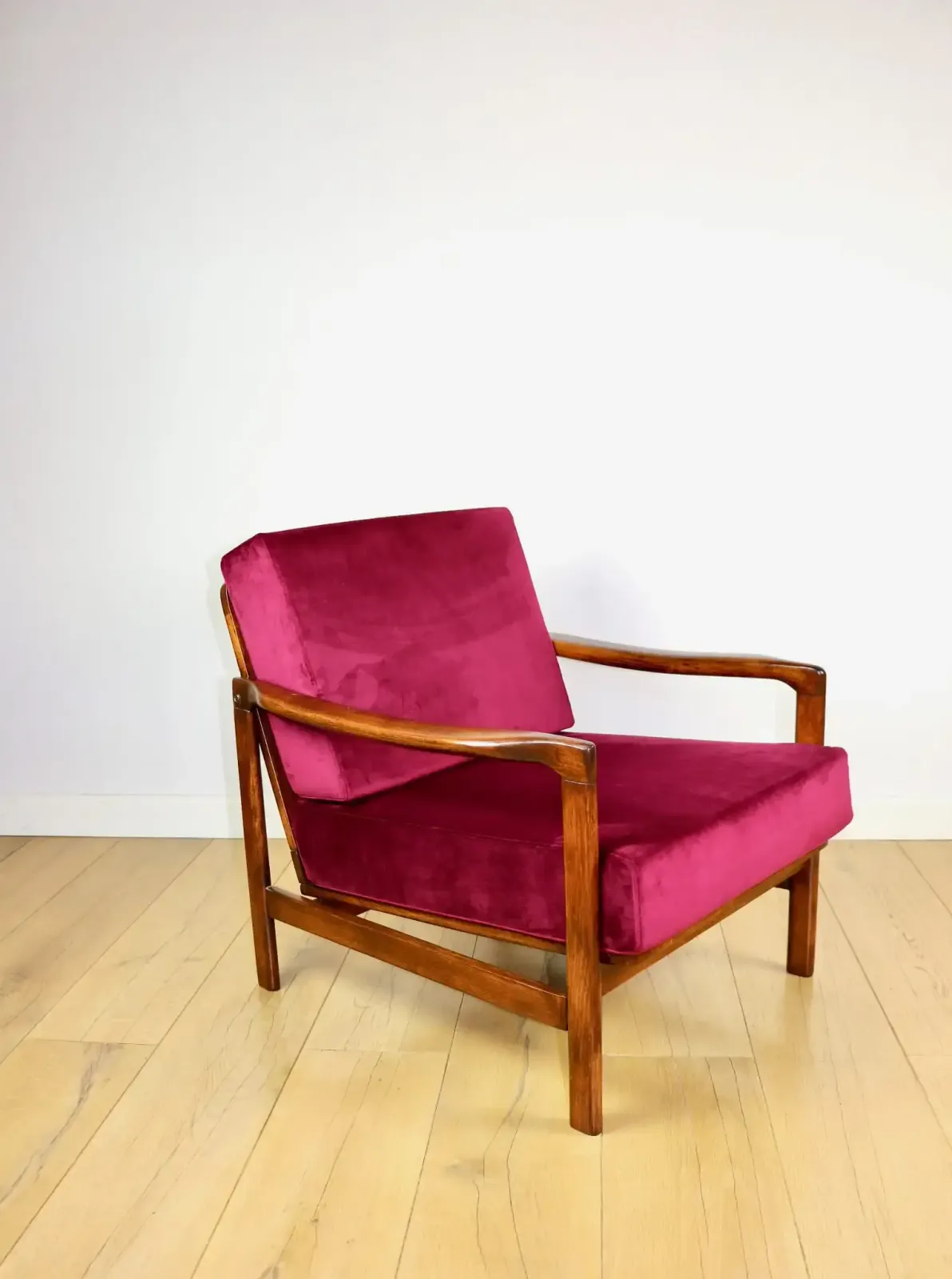 Vintage Burgundy Raspberry Brown Wooden Armchair Designed By Z. Bączyk   2 Pieces Available photo Furniture