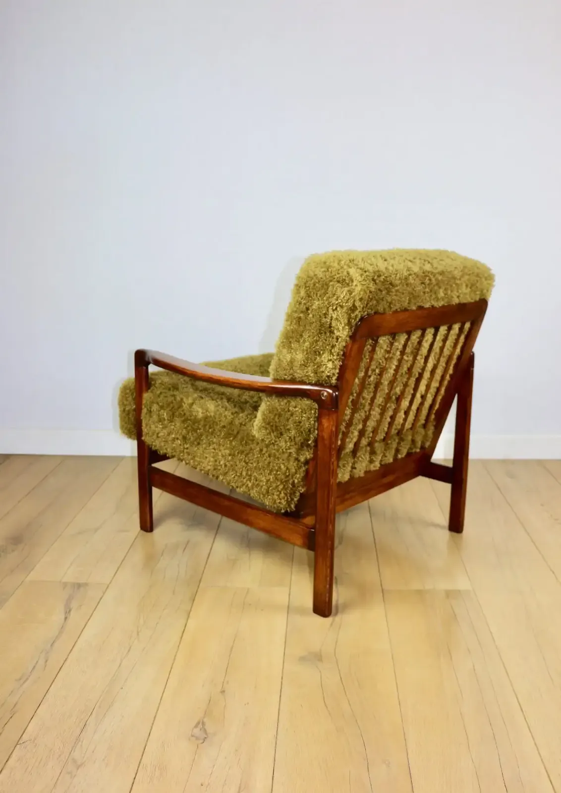 Wooden Armchair, Brown, Vintage Khaki / Olive, Long Hair, Rudy Lis, Designed By Z. Bączyk   2 Pieces Available photo vinterior