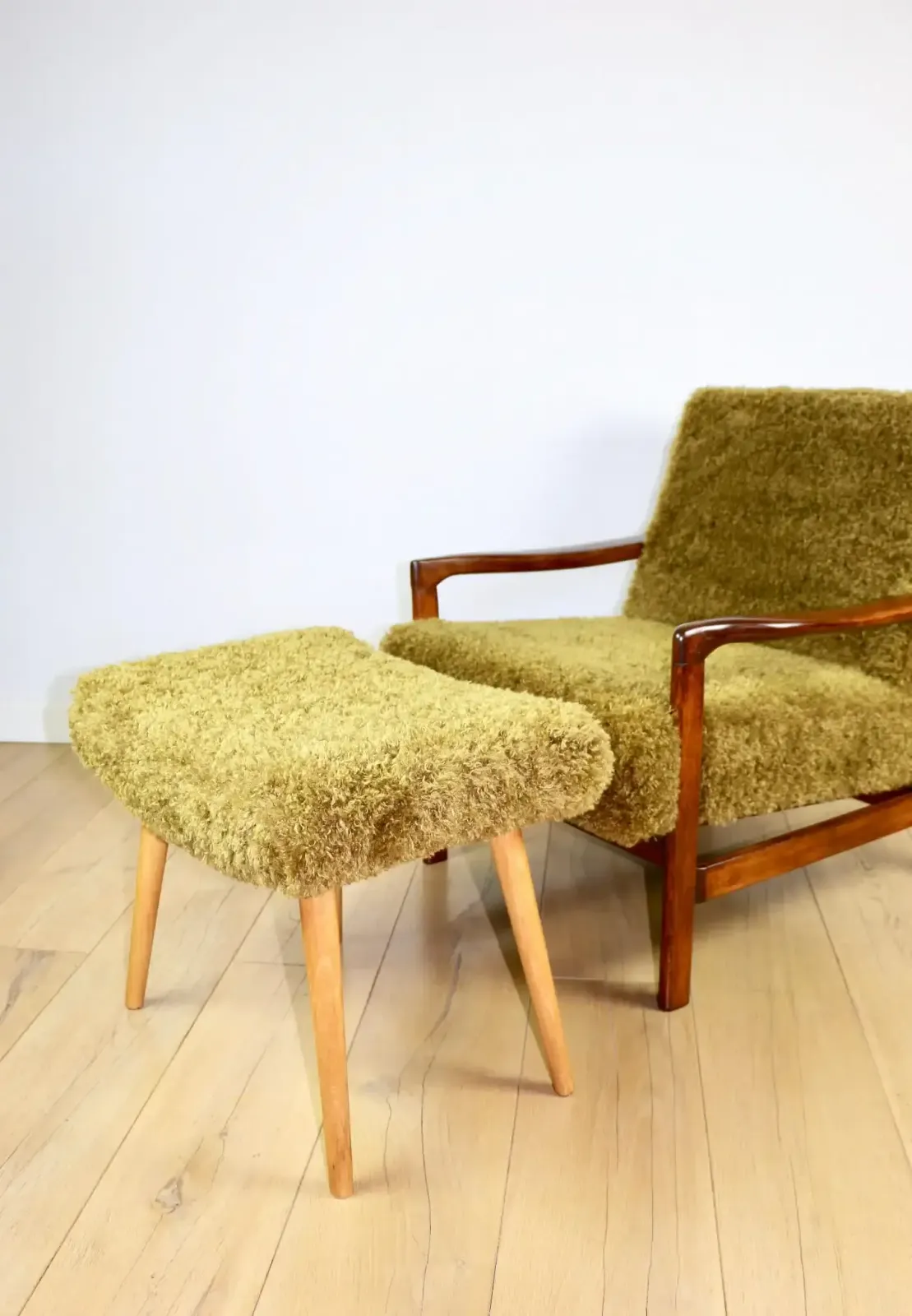 Furniture Wooden Armchair, Brown, Vintage Khaki / Olive, Long Hair, Rudy Lis, Designed By Z. Bączyk   2 Pieces Available photo