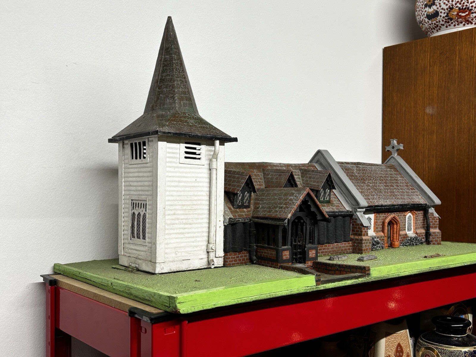 Greensted Church, Ongar, Essex, Large Old Metal & Wooden Scale Model. photo furniture