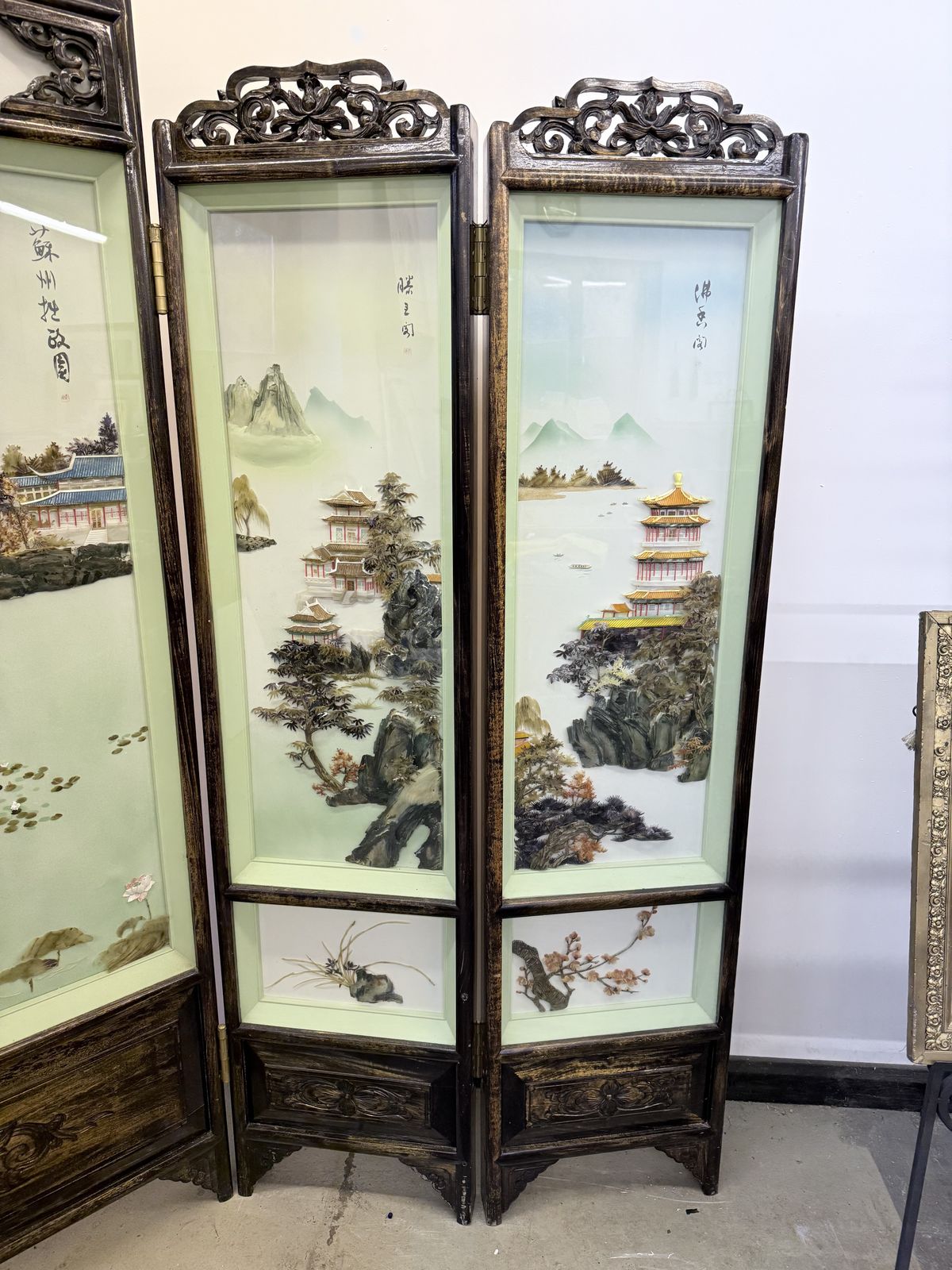 Large Chinese Folding Screen With Mother Of Pearl Inlay | Carved Hardwood | Five Panel Room Divider photo vinterior