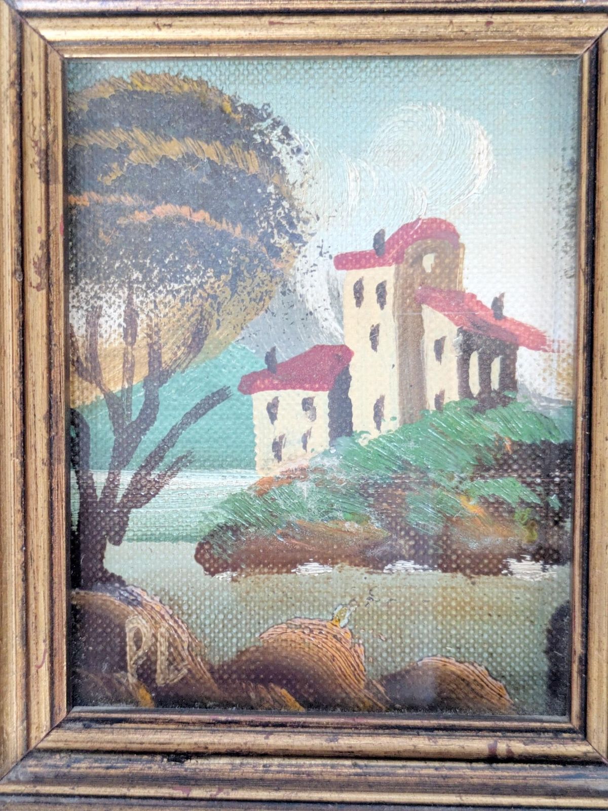 Pair Of Small Italian Oil Paintings, Floral And Landscape, Gilded Wood Frames, Signed photo vinterior