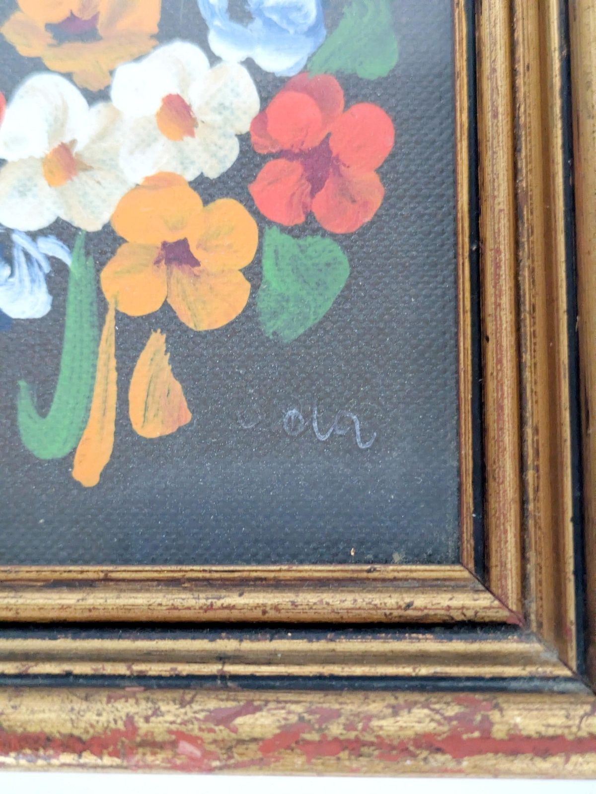 photo for sale Pair Of Small Italian Oil Paintings, Floral And Landscape, Gilded Wood Frames, Signed