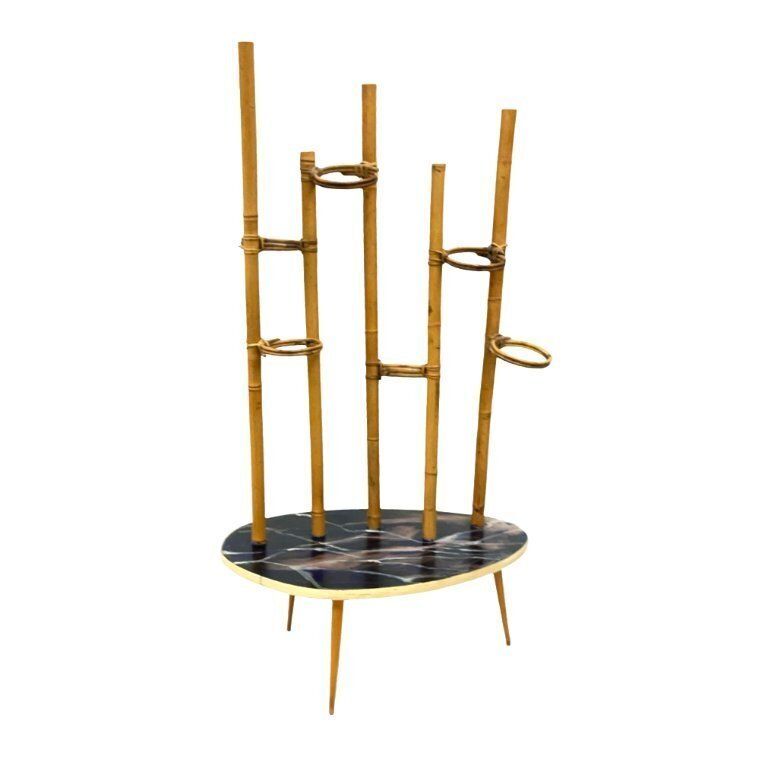 340.0 Mid Century Modern Plant Stand – Europe, 1960s 1970s, Bamboo & Artistic Resin Tabletop photo