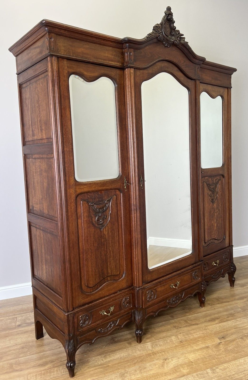 Wardrobe Antique French Rocaille Oak Three Door Carved Mirrored Armoire Lot 4843 photo furniture
