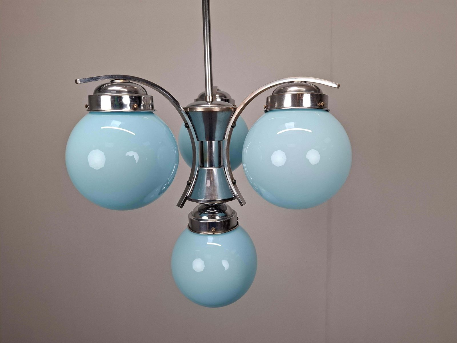 1930s Czech Art Deco Blue Opaline Glass And Chrome Four Light Chandelier photo buy