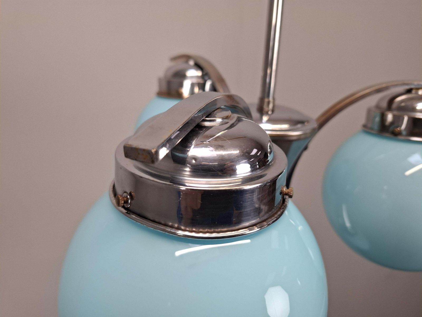 photo buy 1930s Czech Art Deco Blue Opaline Glass And Chrome Four Light Chandelier