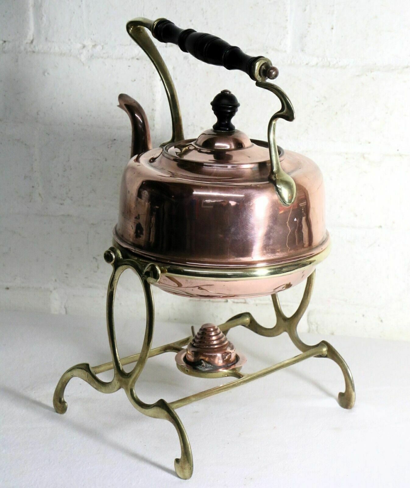 photo vintage Antique Art Nouveau Copper Spirit Kettle With Brass Stand Late 19th Early 20th C