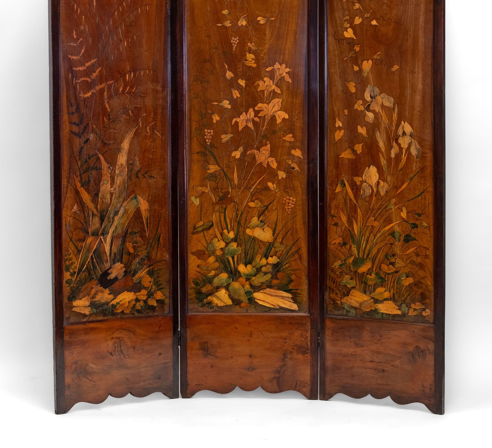 Art Nouveau Fruitwood Inlaid Botanical Panel Folding Screen Room Divider French Circa 1900 photo furniture