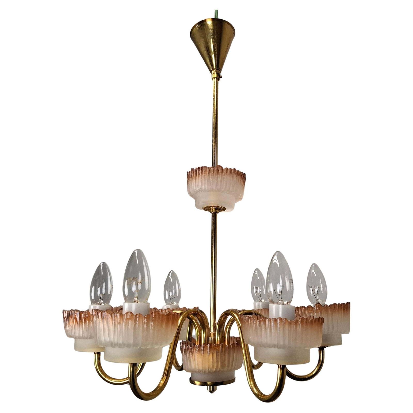 1960s Czech Mid Century Brass And železný Brod Frosted Glass Six Arm Chandelier