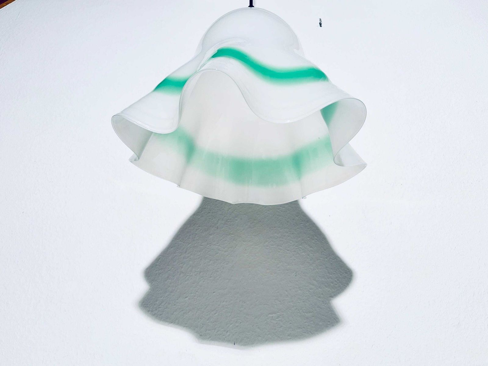 Murano Fazzoletto Glass Hanging Lamp / Vintage Italian 1960s Decor / White & Green photo for sale