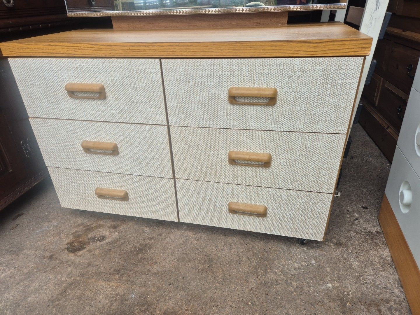 Vintage / Retro /Mid Century, Small 6 Drawer Dressing Chest With Mirror & Wheels photo for sale