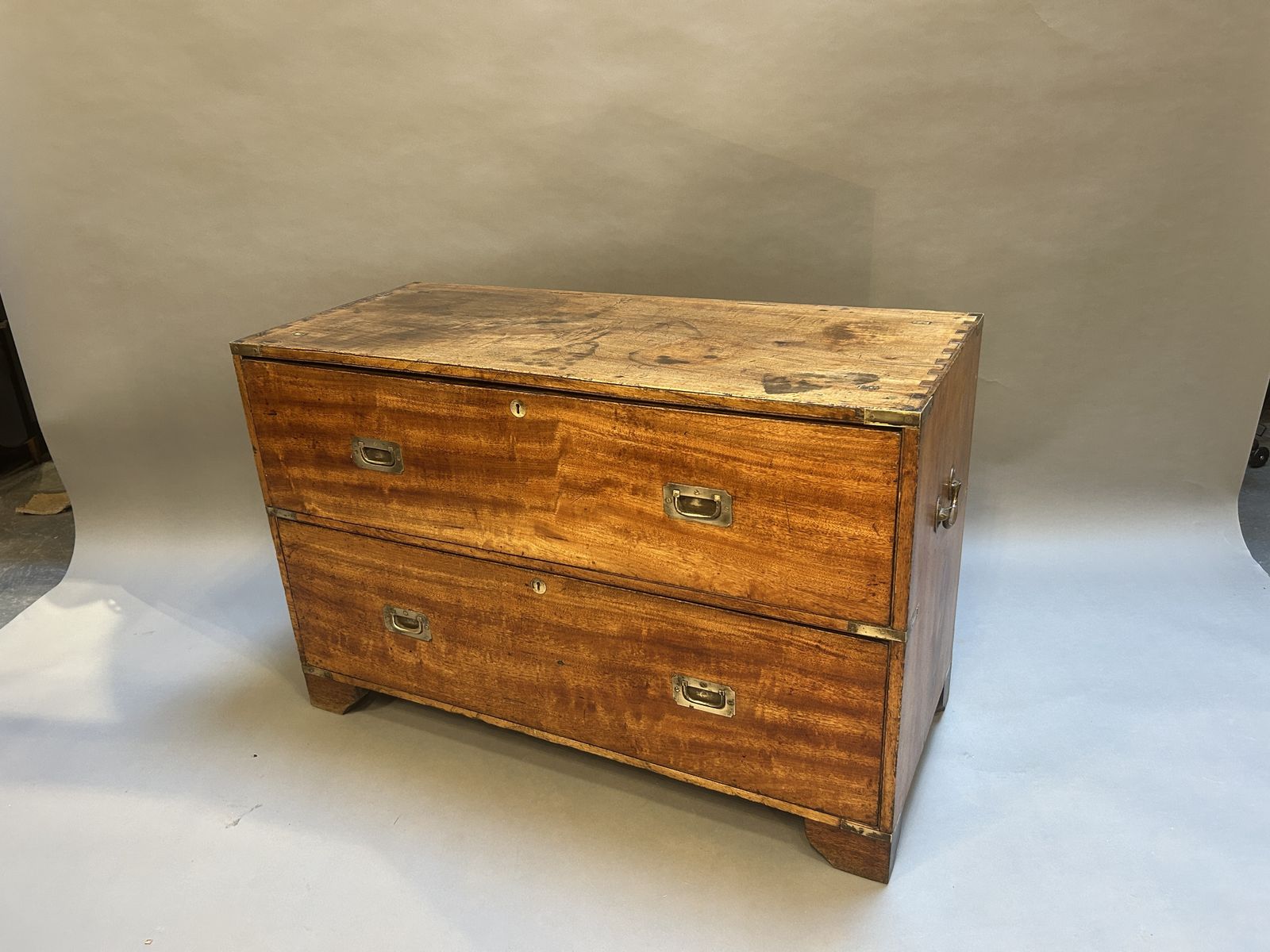 C19th Campaign Low Chest Of Drawers